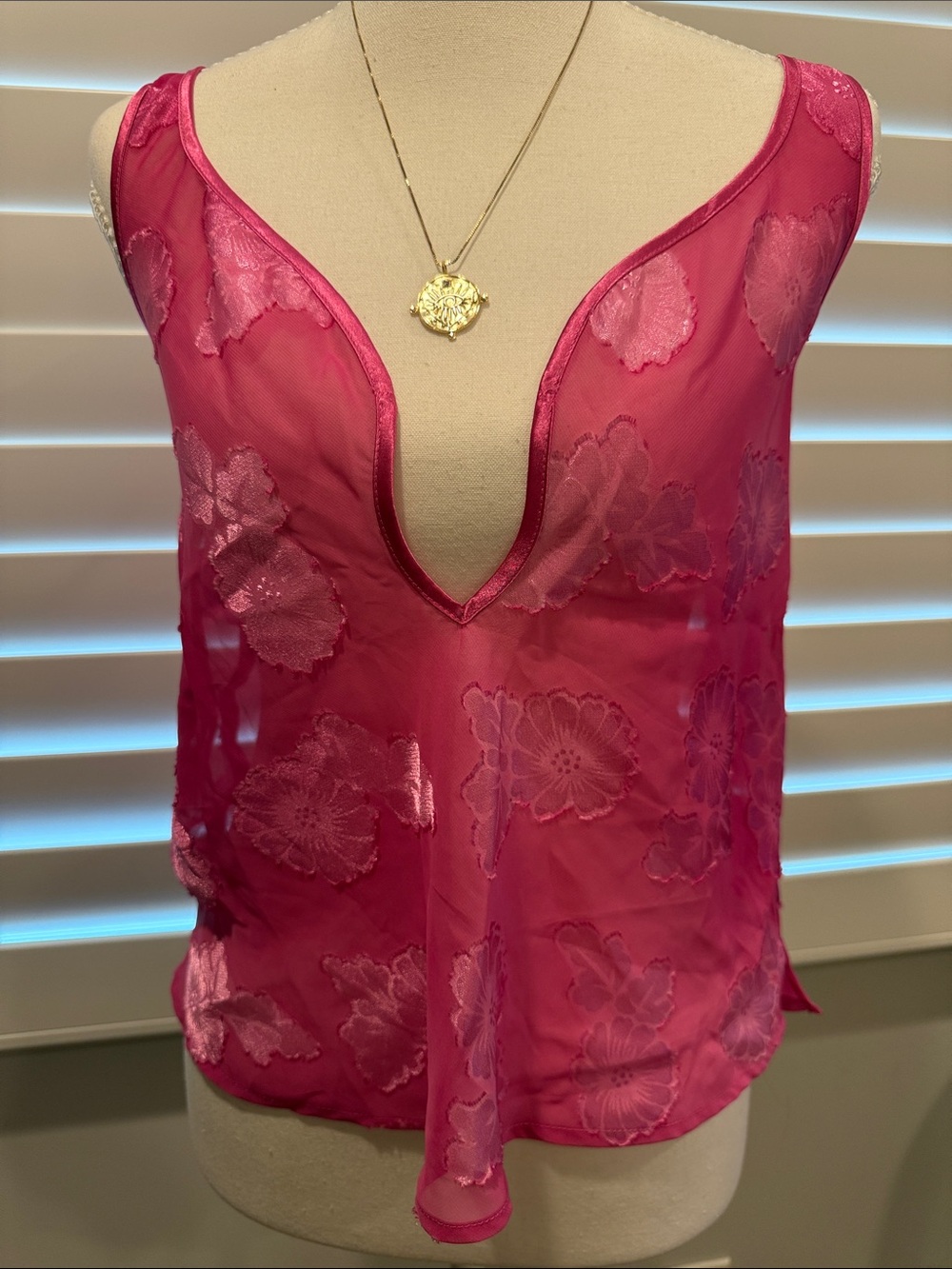 Morgan Taylor Pink Floral Sheer V-Neck Tank